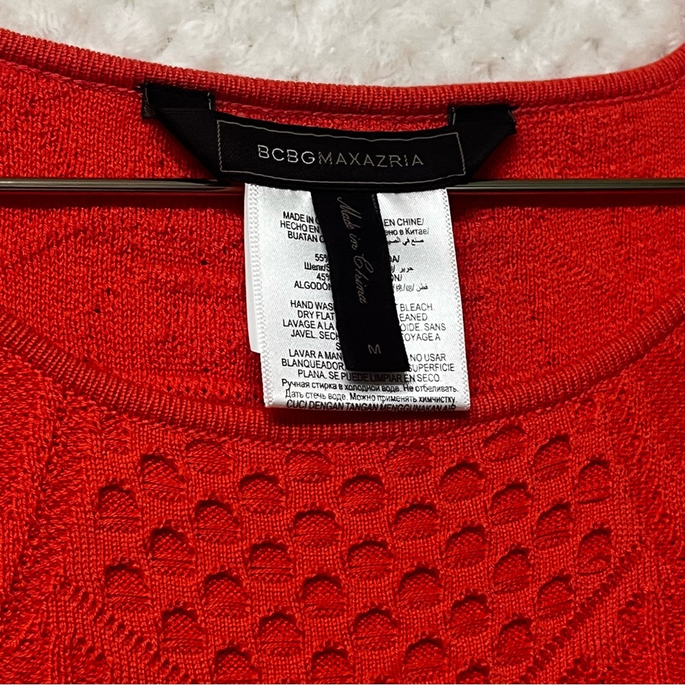 BCBGMAXAZRIA Alyona Pointe Peplum Top Coral Round Neck Cotton Silk MED - Picture 4 of 9